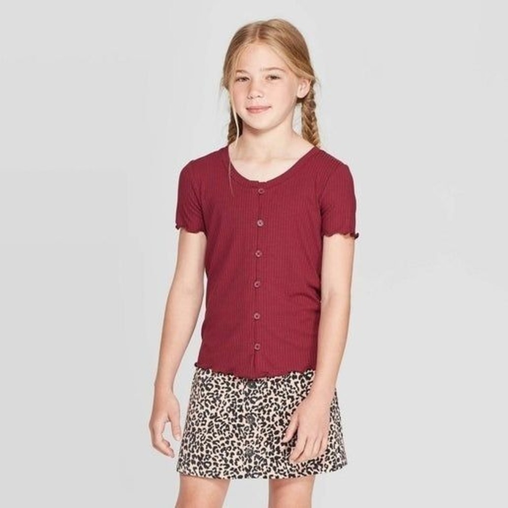 Girls' Button Front Lettuce Edge Top M 10/12